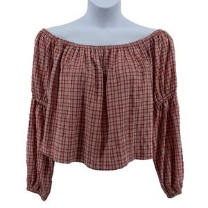 Topshop Off‎ Shoulder Plaid Blouse Women US 12 Peasant Pink Cottagecore